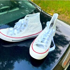 White high top Converse bejeweled sneakers
